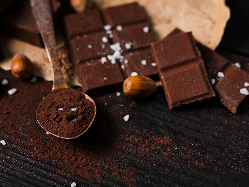 Dark chocolate squares with cocoa powder and sea salt
