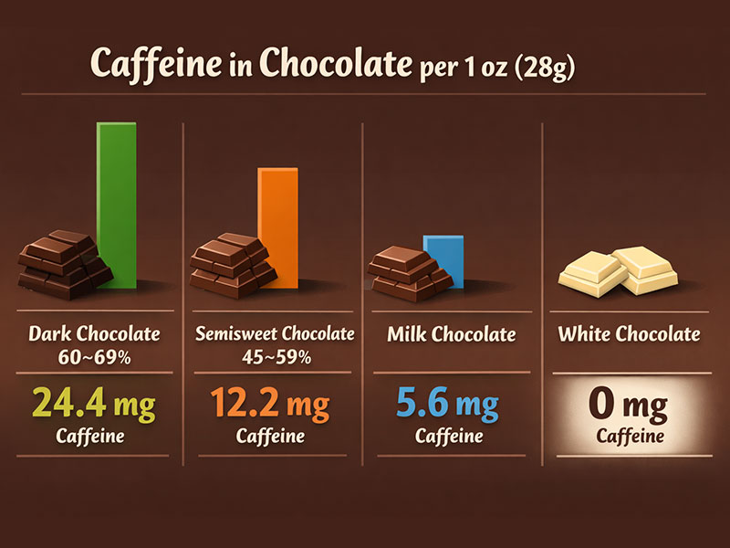 Caffeine in chocolate per 1 oz (28g): dark 24.4 mg, semisweet 12.2 mg, milk 5.6 mg, white 0 mg