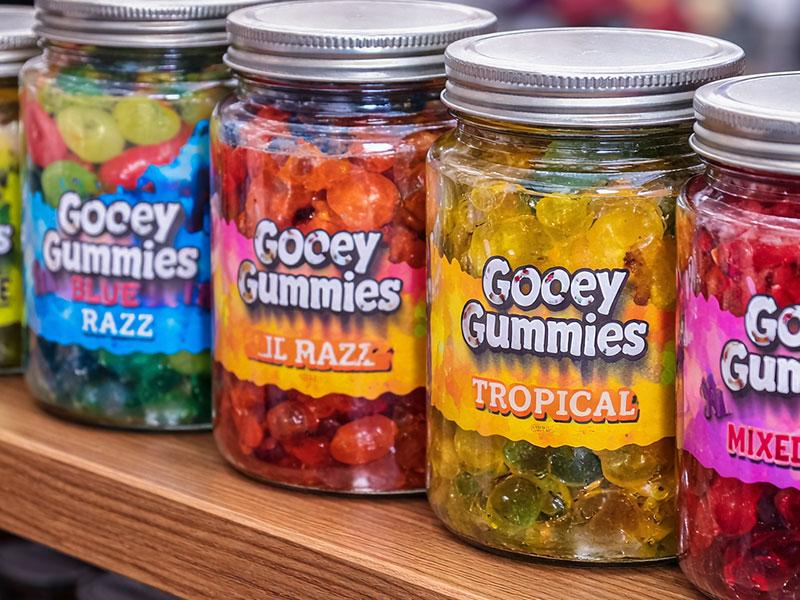 Surtido de caramelos gomosos líquidos en tarro con diferentes sabores de frutas exhibidos en un estante de venta minorista.