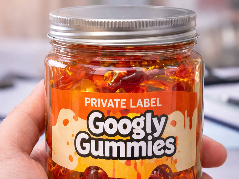Fabricante de gomitas pegajosas que ofrece gomitas en formato de frasco con inmersión en jarabe.