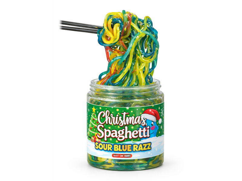 Fideos gomosos sumergidos en almíbar dulce dentro de un novedoso recipiente tipo frasco para dulces líquidos.