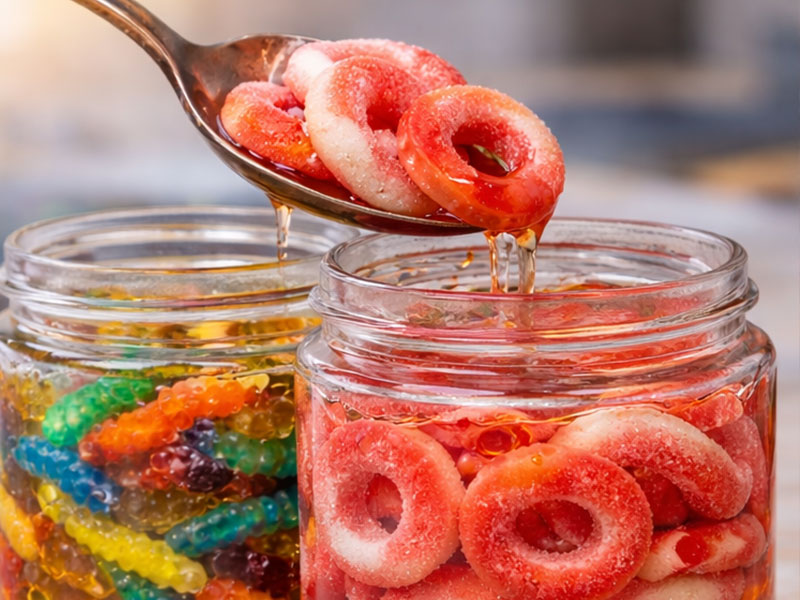 Caramelos gomosos pegajosos de marca privada en envases de frasco diseñados para los mercados minoristas y de exportación.