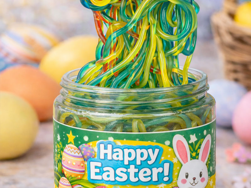 Fideos gomosos personalizables en almíbar desarrollados por un fabricante profesional de caramelos gomosos.