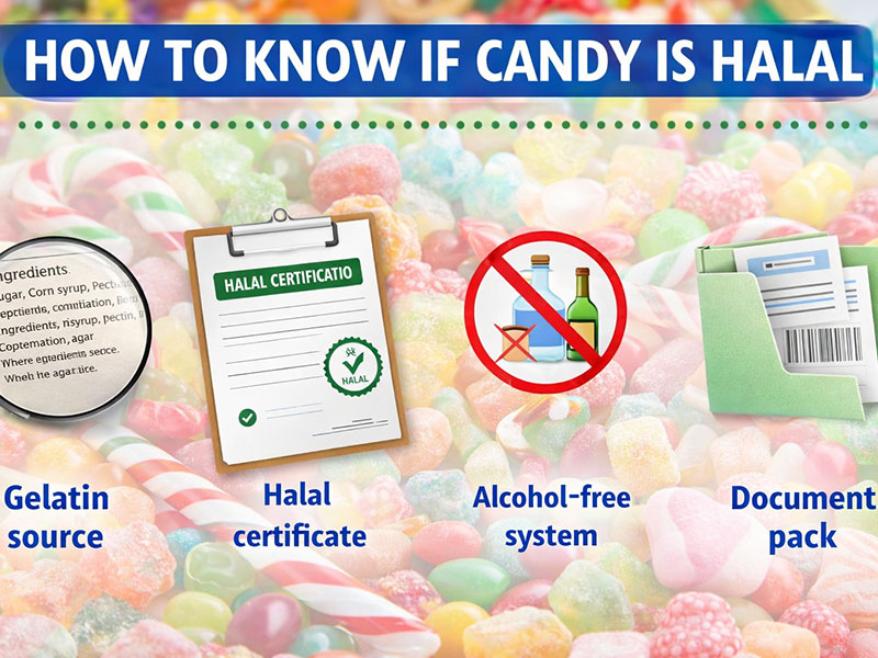グミ、ロリポップ、季節限定のハードキャンディなどを含む、大量輸出向けのハラールキャンディ詰め合わせ